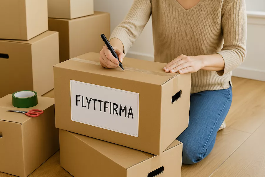 Person som packar flyttkartonger och märker lådor för flyttfirma